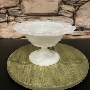 Vintage Milk Glass Bowl Lace Edge Round Footed Candy Dish